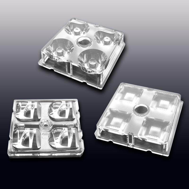Arreglos 2X2 de 50 x 50 mm, lentes LED para paquetes LED de tamaño 3030 3535 5050, aptas para focos de inundación, luces de túneles, luces de estadios, iluminación de parking y luces de alta bahía. (Serie HX-F50)