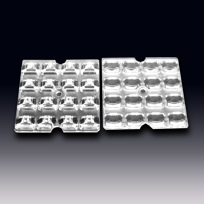 Lente LED de 50 x 50 mm en matrices 4x4 para LEDs 2525, 3030, 3535, ideal para focos de inundación, luces de túneles, luces de estadios, iluminación de parkings y luces de alta bahía. (Serie HX-F4x4-xx)